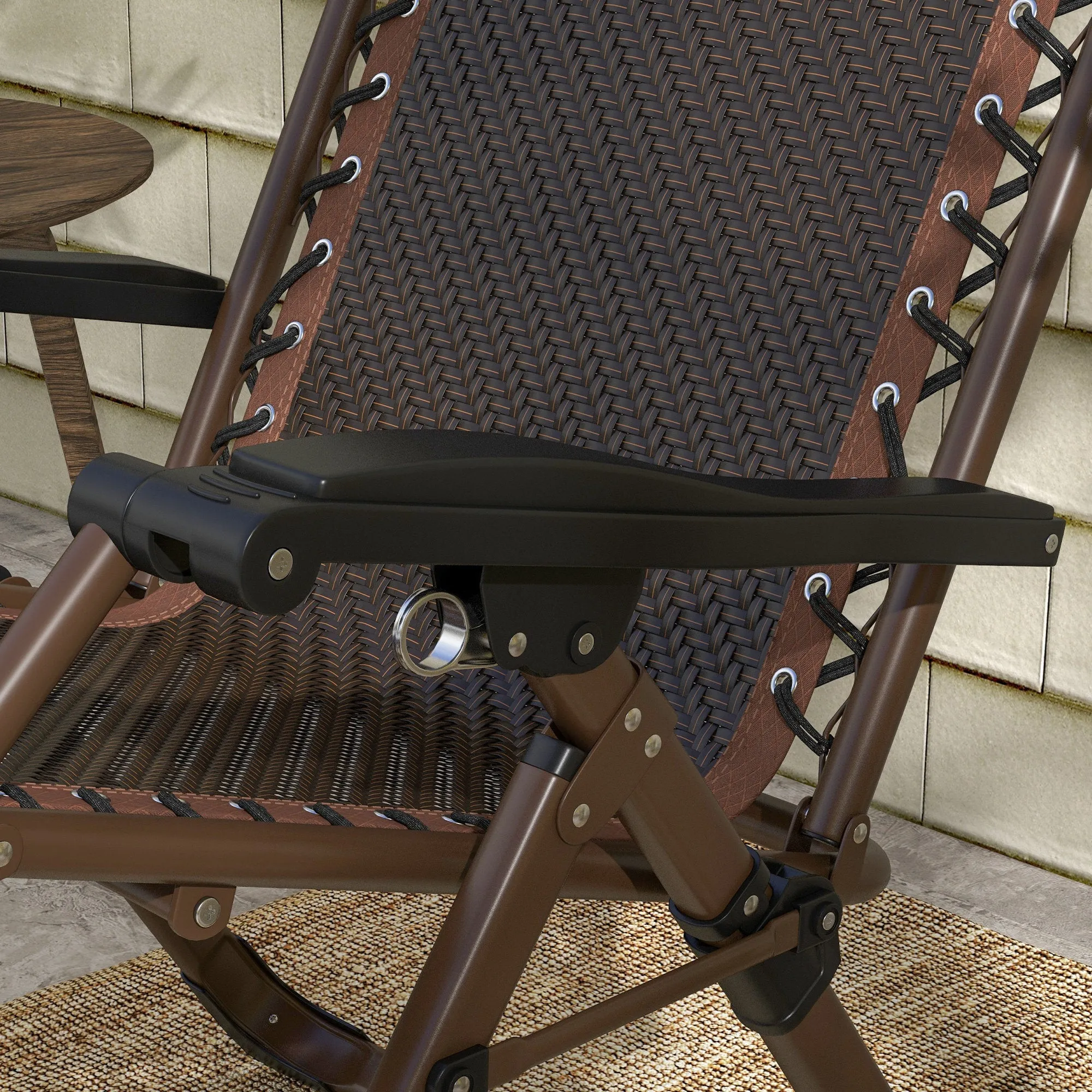 Outdoor Zero Gravity Chair, Folding PE Rarran Reclining Patio Lounge Chair with Recline Back, Headrest, Footrest, for Poolside, Garden, Brown