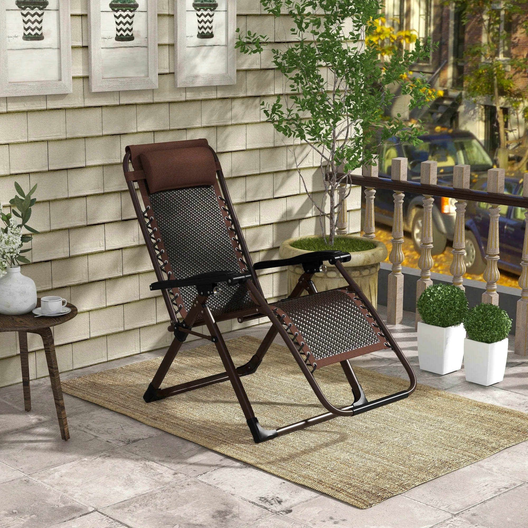 Outdoor Zero Gravity Chair, Folding PE Rarran Reclining Patio Lounge Chair with Recline Back, Headrest, Footrest, for Poolside, Garden, Brown