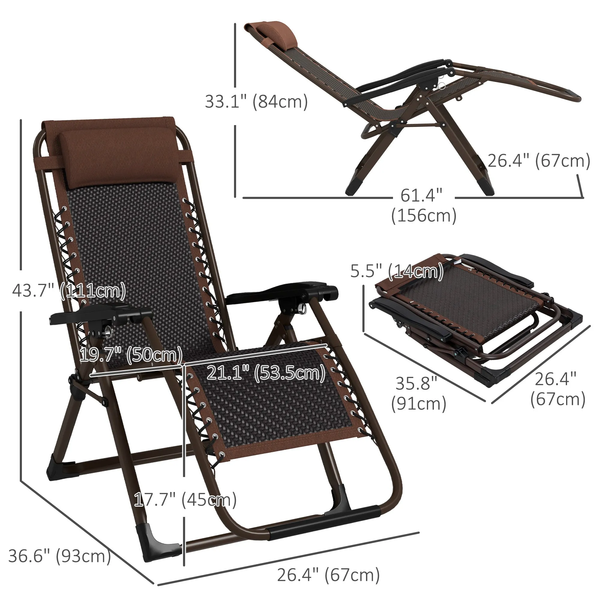 Outdoor Zero Gravity Chair, Folding PE Rarran Reclining Patio Lounge Chair with Recline Back, Headrest, Footrest, for Poolside, Garden, Brown