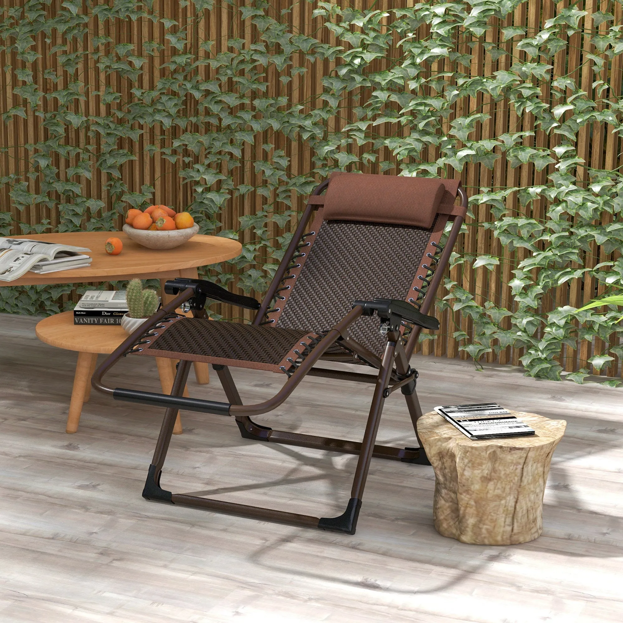 Outdoor Zero Gravity Chair, Folding PE Rarran Reclining Patio Lounge Chair with Recline Back, Headrest, Footrest, for Poolside, Garden, Brown