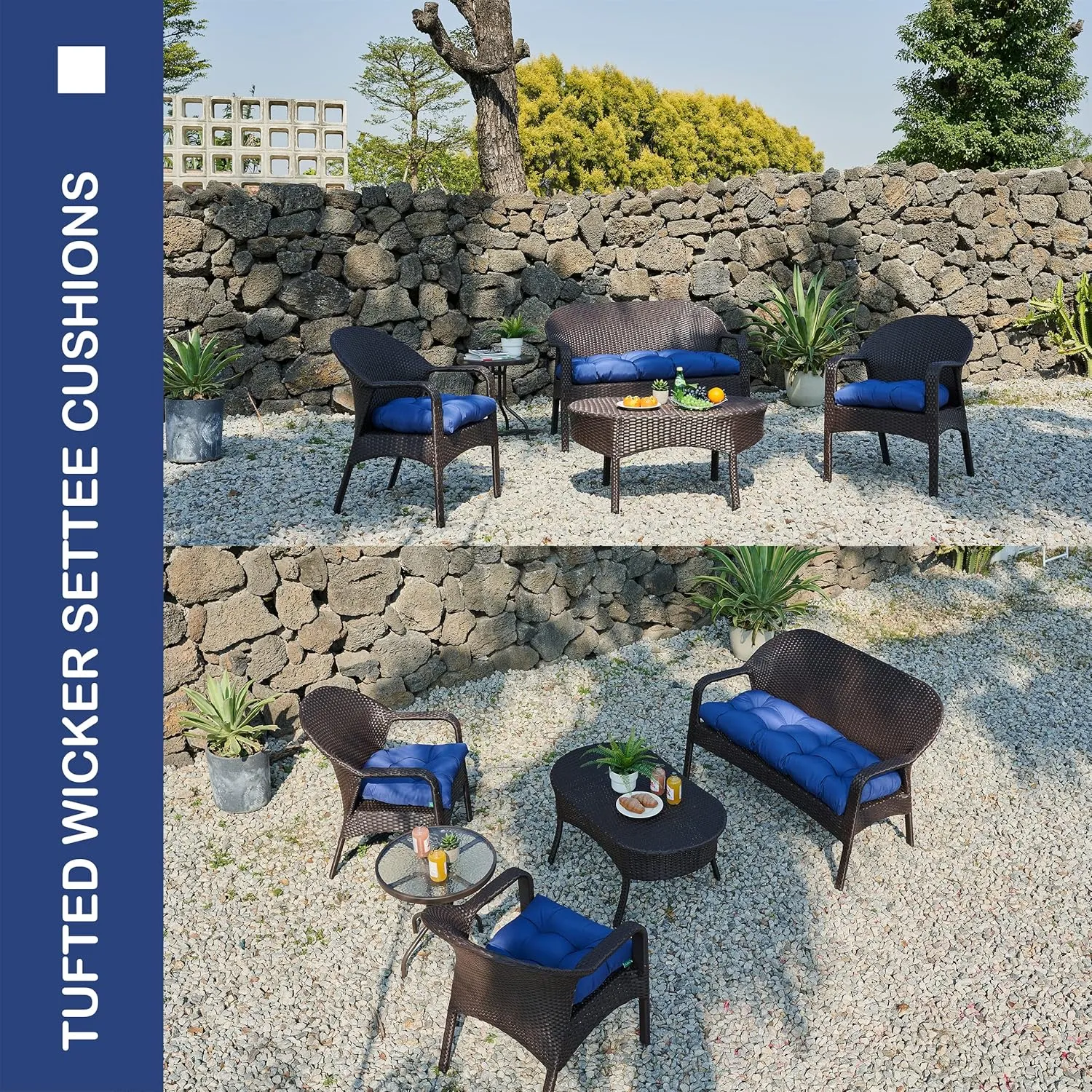 Outdoor/Indoor All Weather Tufted Wicker Chair Cushions of 3 Pieces, 1 Loveseat and 2 U-Shape Waterproof Cushions for Patio Furniture,Wicker Loveseat,Bench-Navy Blue