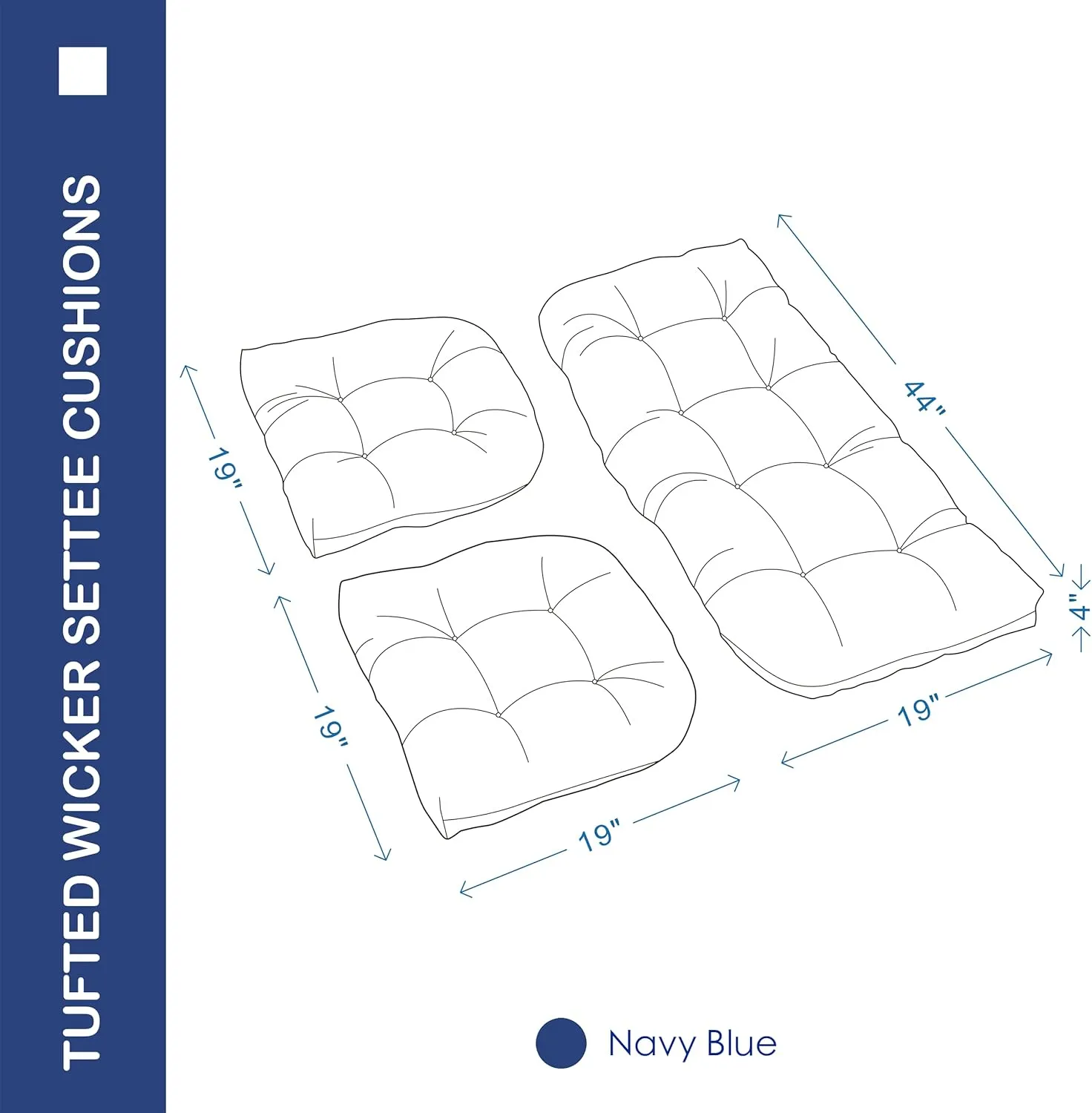 Outdoor/Indoor All Weather Tufted Wicker Chair Cushions of 3 Pieces, 1 Loveseat and 2 U-Shape Waterproof Cushions for Patio Furniture,Wicker Loveseat,Bench-Navy Blue