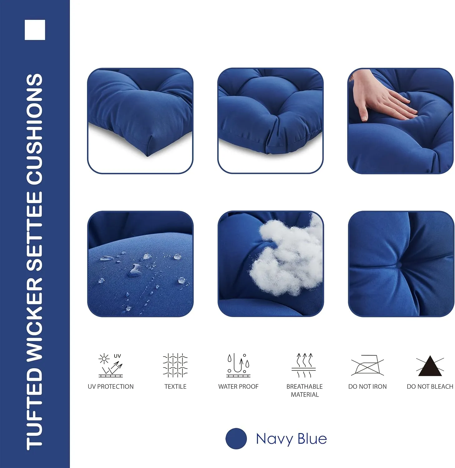 Outdoor/Indoor All Weather Tufted Wicker Chair Cushions of 3 Pieces, 1 Loveseat and 2 U-Shape Waterproof Cushions for Patio Furniture,Wicker Loveseat,Bench-Navy Blue