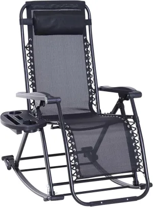 Outsunny Outdoor Rocking Chairs, Foldable Reclining Zero Gravity Lounge Rocker with Pillow, Cup & Phone Holder, Combo Design with Folding Legs, Black