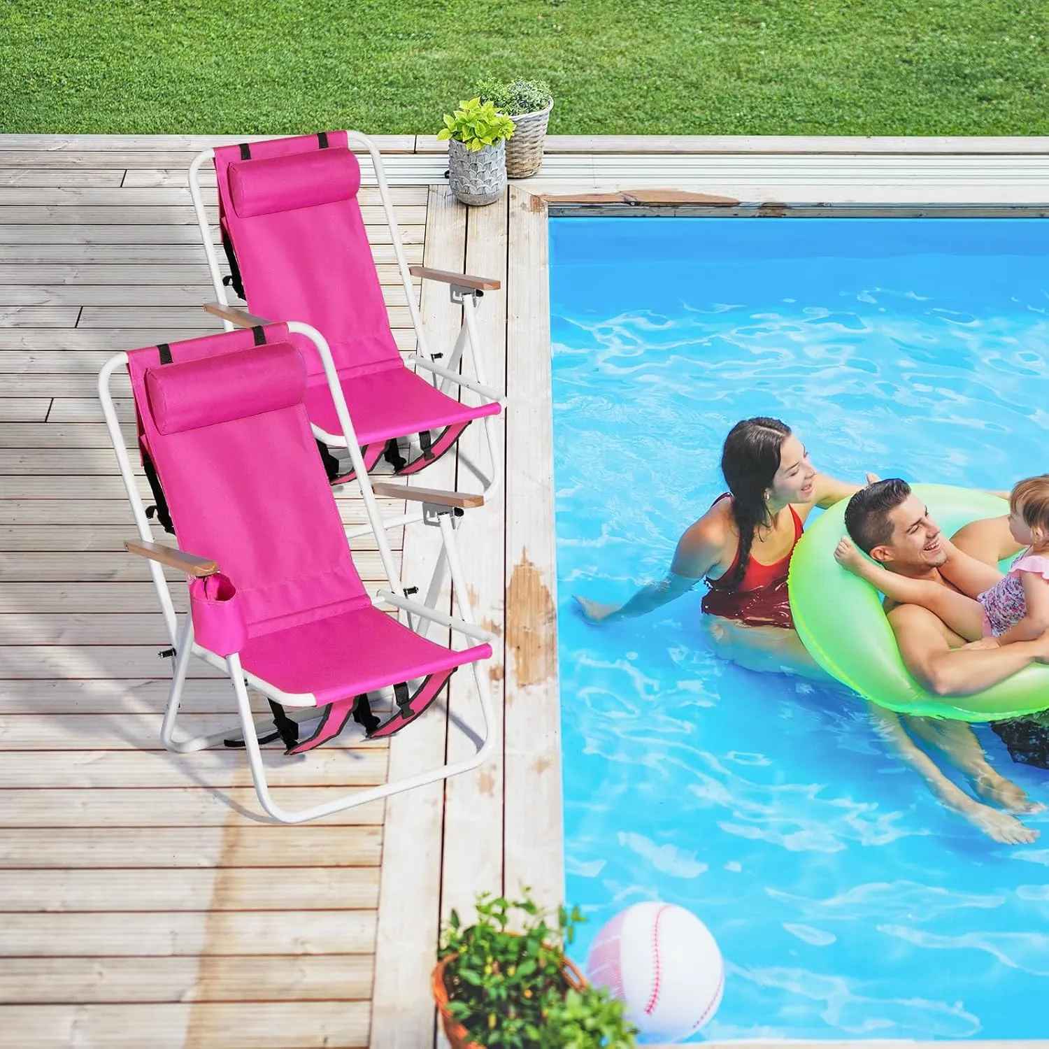 Outvita Folding Beach Chair Adjustable Headrest w/4 Flexible Tilt Angle, Cup Holder Portable High Strength Cleanable Fabric, for Sand Camping Lawn Concert Travel Festival