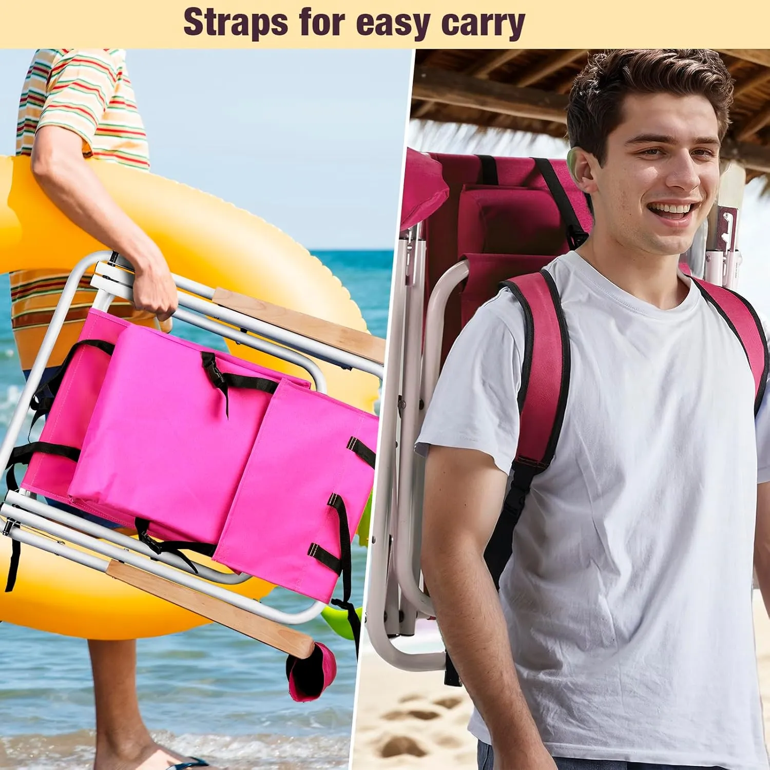Outvita Folding Beach Chair Adjustable Headrest w/4 Flexible Tilt Angle, Cup Holder Portable High Strength Cleanable Fabric, for Sand Camping Lawn Concert Travel Festival