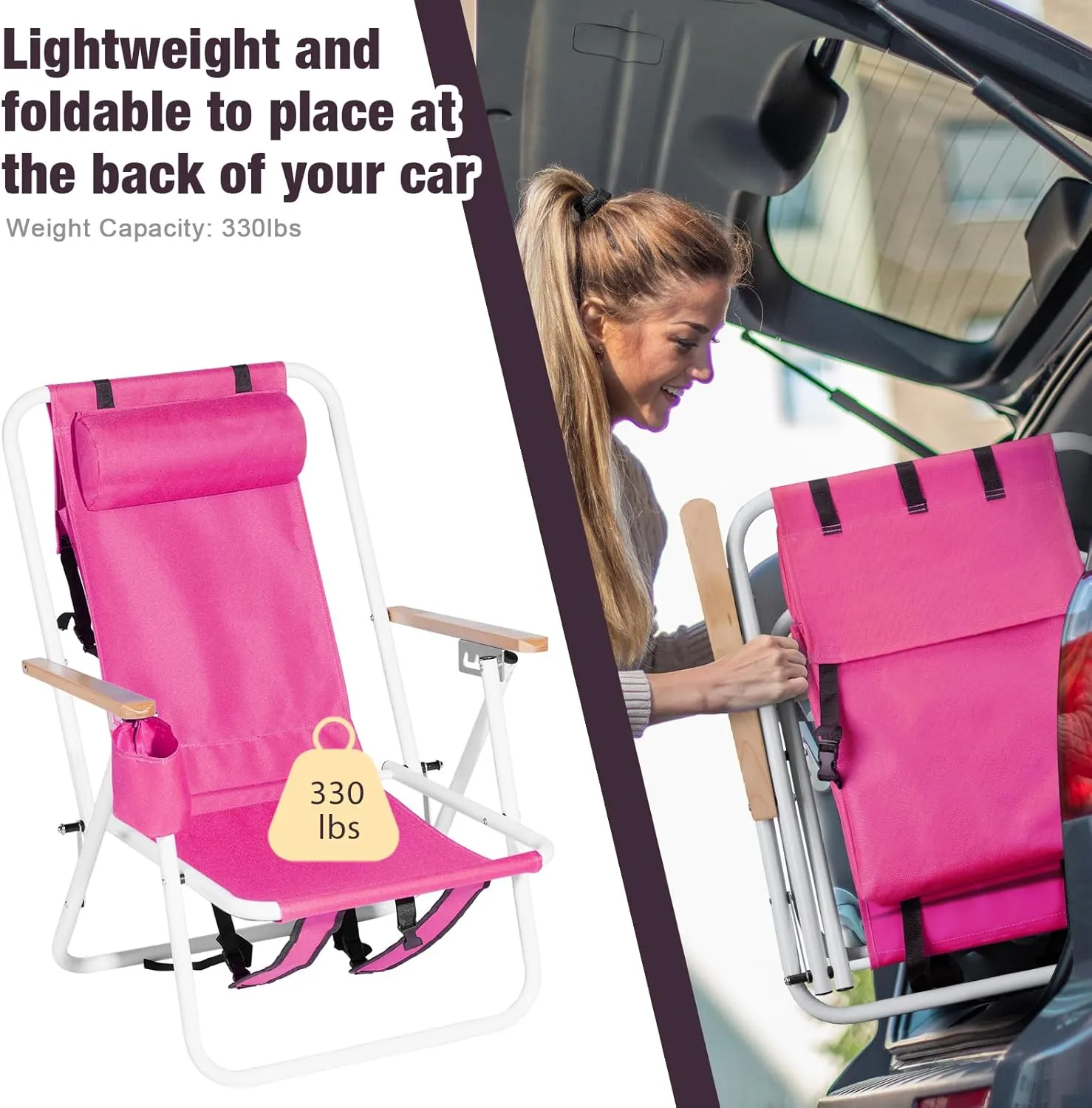 Outvita Folding Beach Chair Adjustable Headrest w/4 Flexible Tilt Angle, Cup Holder Portable High Strength Cleanable Fabric, for Sand Camping Lawn Concert Travel Festival