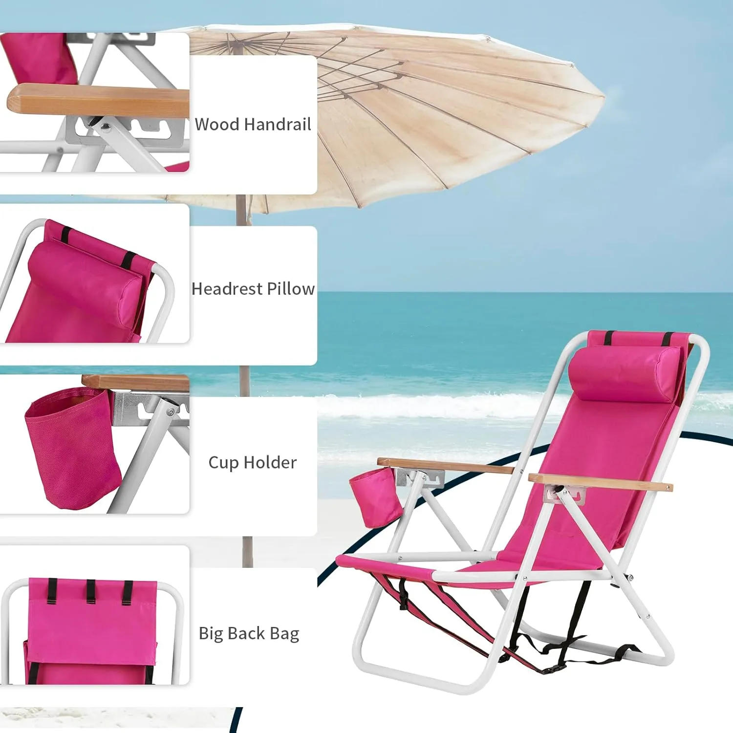 Outvita Folding Beach Chair Adjustable Headrest w/4 Flexible Tilt Angle, Cup Holder Portable High Strength Cleanable Fabric, for Sand Camping Lawn Concert Travel Festival