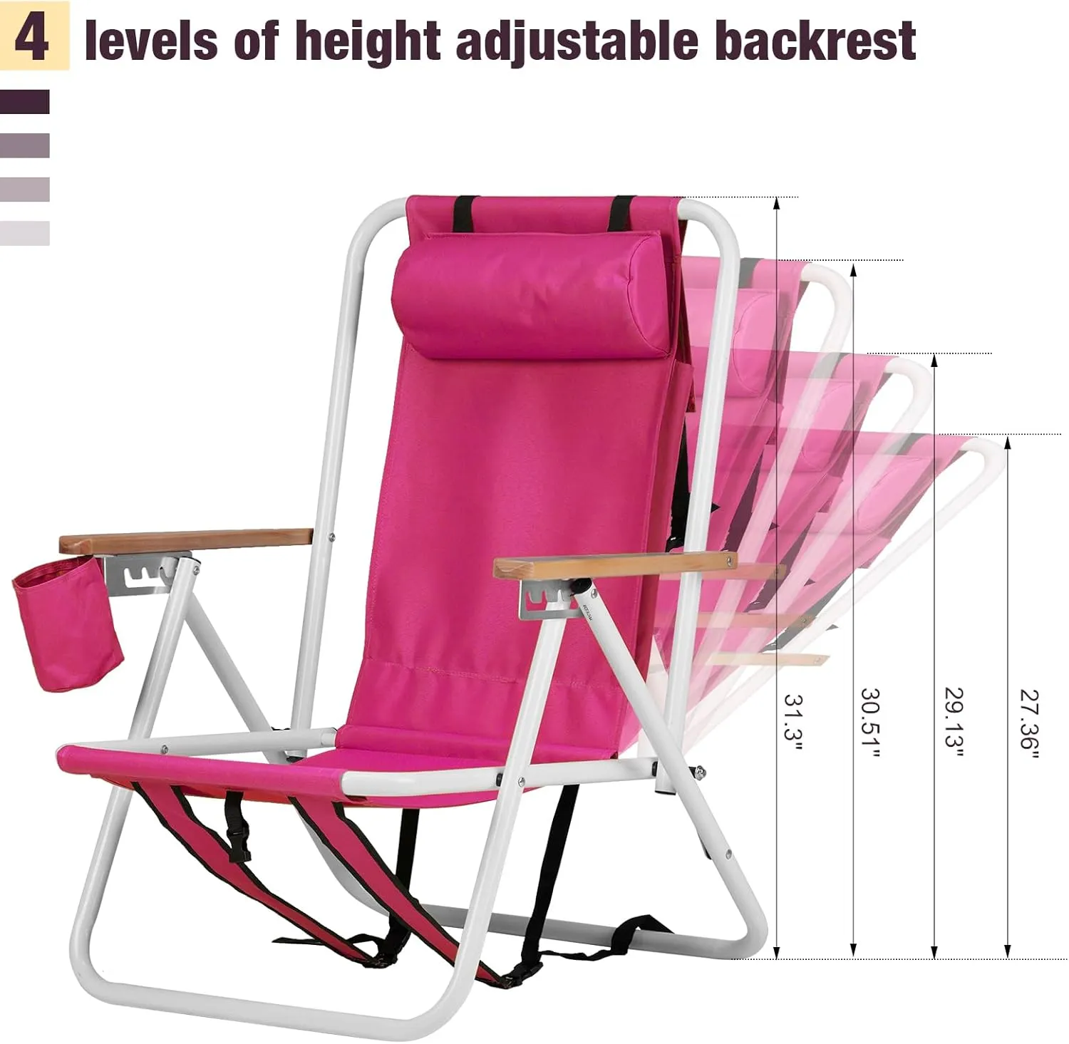 Outvita Folding Beach Chair Adjustable Headrest w/4 Flexible Tilt Angle, Cup Holder Portable High Strength Cleanable Fabric, for Sand Camping Lawn Concert Travel Festival