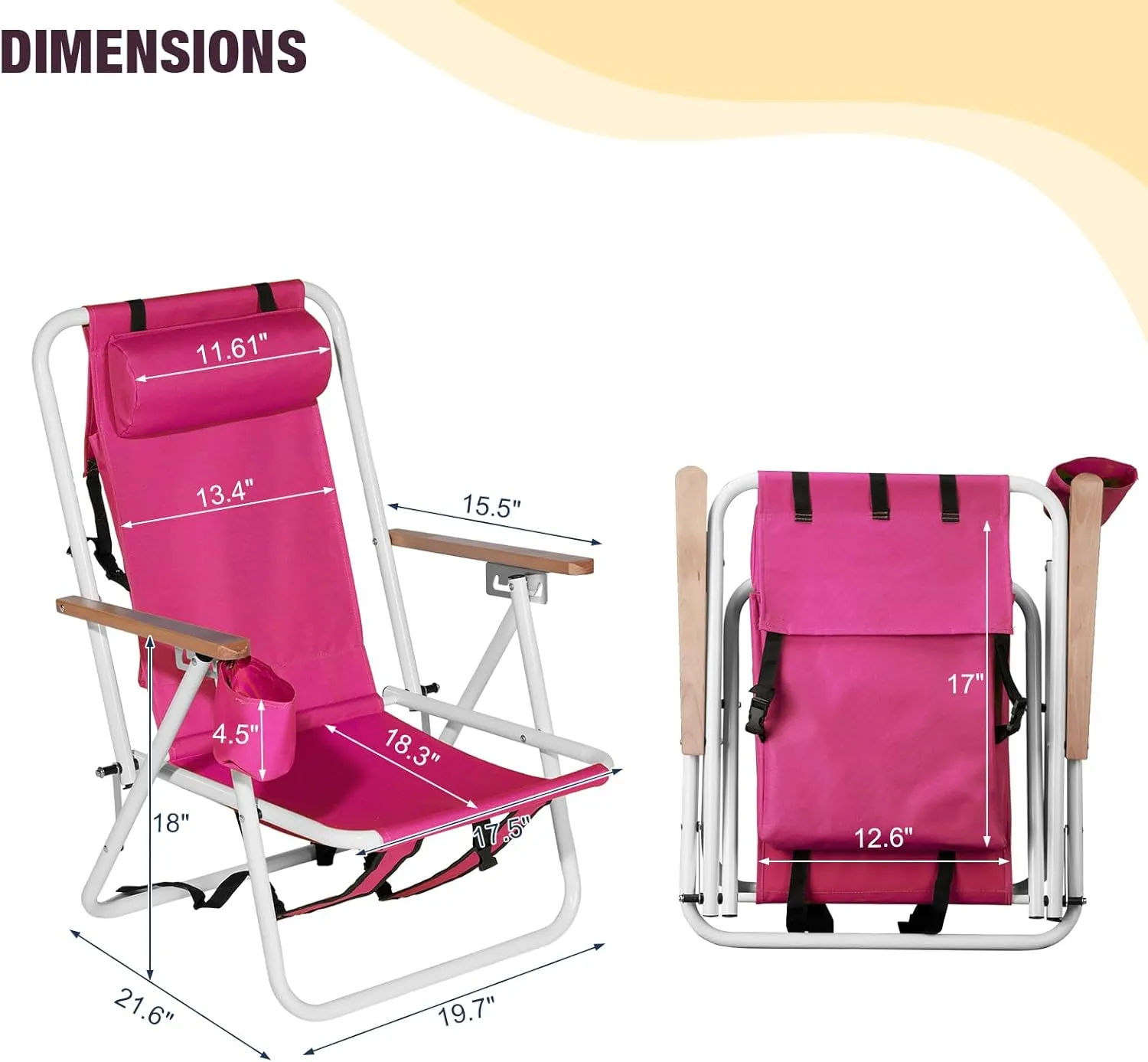 Outvita Folding Beach Chair Adjustable Headrest w/4 Flexible Tilt Angle, Cup Holder Portable High Strength Cleanable Fabric, for Sand Camping Lawn Concert Travel Festival