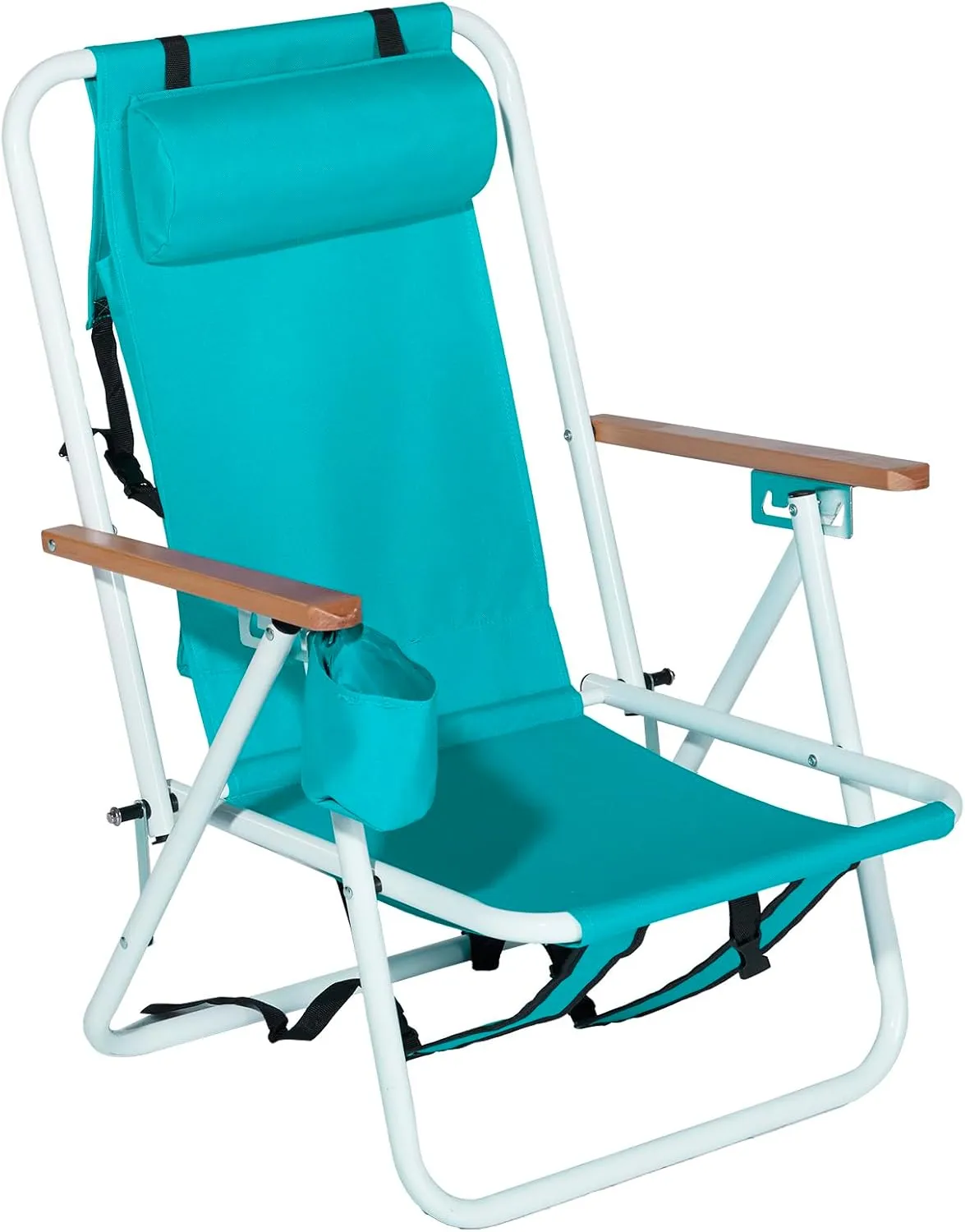 Outvita Folding Beach Chair Adjustable Headrest w/4 Flexible Tilt Angle, Cup Holder Portable High Strength Cleanable Fabric, for Sand Camping Lawn Concert Travel Festival