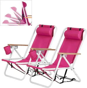 Outvita Folding Beach Chair Adjustable Headrest w/4 Flexible Tilt Angle, Cup Holder Portable High Strength Cleanable Fabric, for Sand Camping Lawn Concert Travel Festival