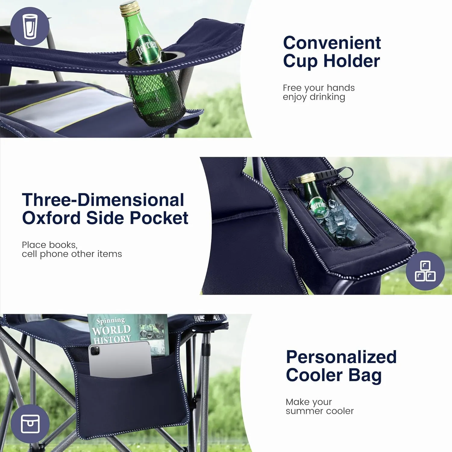Oversized Camping Folding Chair, Heavy Duty Portable Outdoor Chair, Foldable Camp Chair with Cup Holder and Cooler Bag Support 450 LBS, Dark Blue…