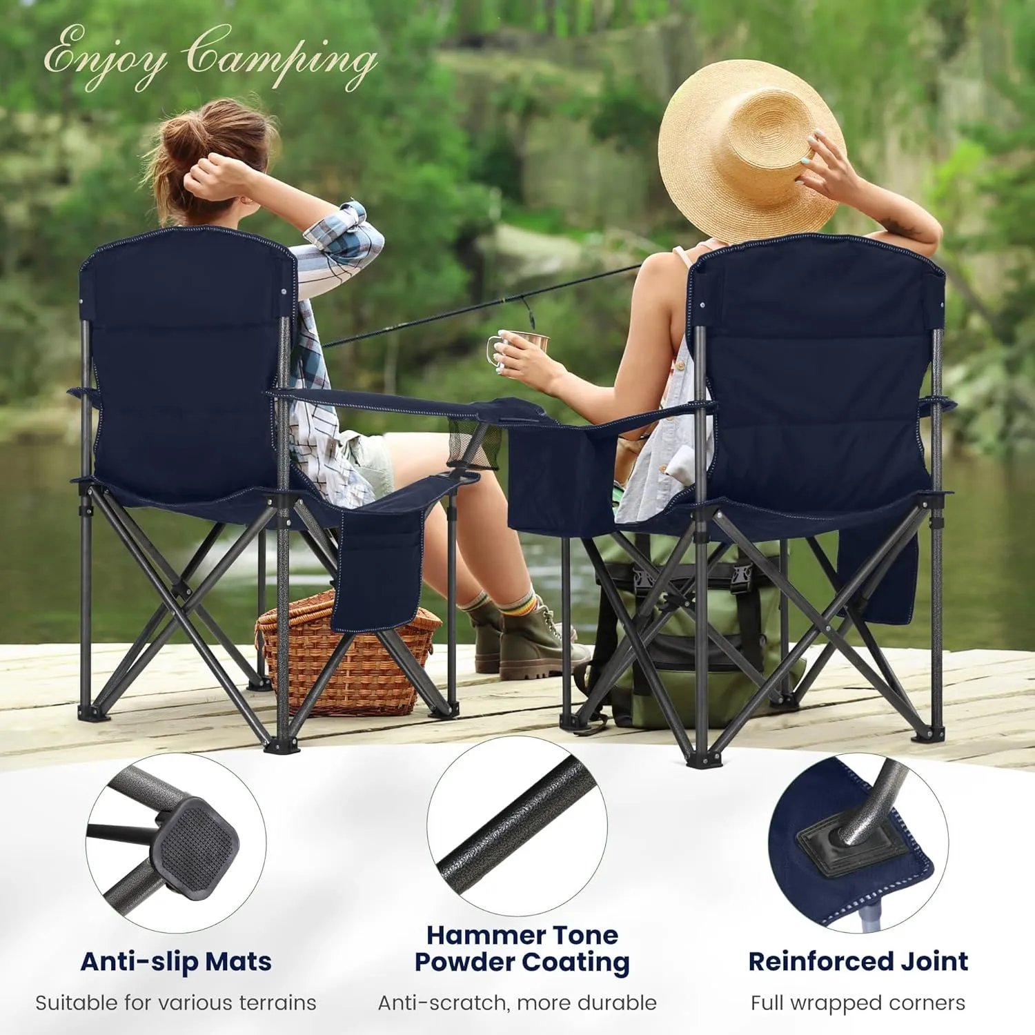 Oversized Camping Folding Chair, Heavy Duty Portable Outdoor Chair, Foldable Camp Chair with Cup Holder and Cooler Bag Support 450 LBS, Dark Blue…