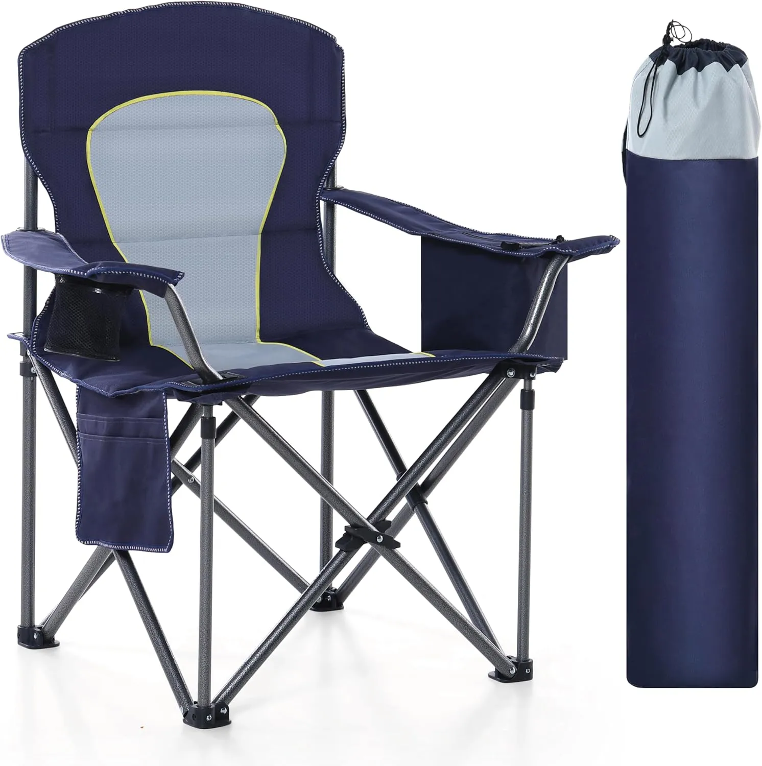 Oversized Camping Folding Chair, Heavy Duty Portable Outdoor Chair, Foldable Camp Chair with Cup Holder and Cooler Bag Support 450 LBS, Dark Blue…