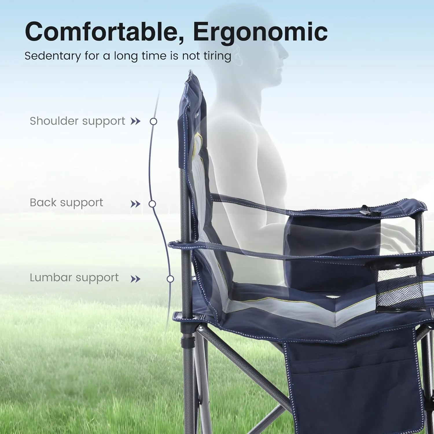 Oversized Camping Folding Chair, Heavy Duty Portable Outdoor Chair, Foldable Camp Chair with Cup Holder and Cooler Bag Support 450 LBS, Dark Blue…