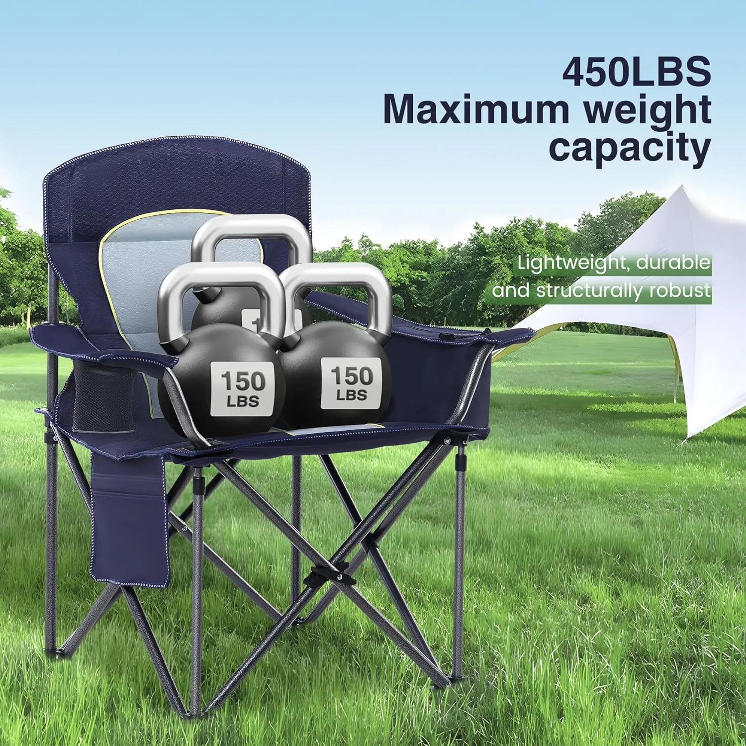 Oversized Camping Folding Chair, Heavy Duty Portable Outdoor Chair, Foldable Camp Chair with Cup Holder and Cooler Bag Support 450 LBS, Dark Blue…