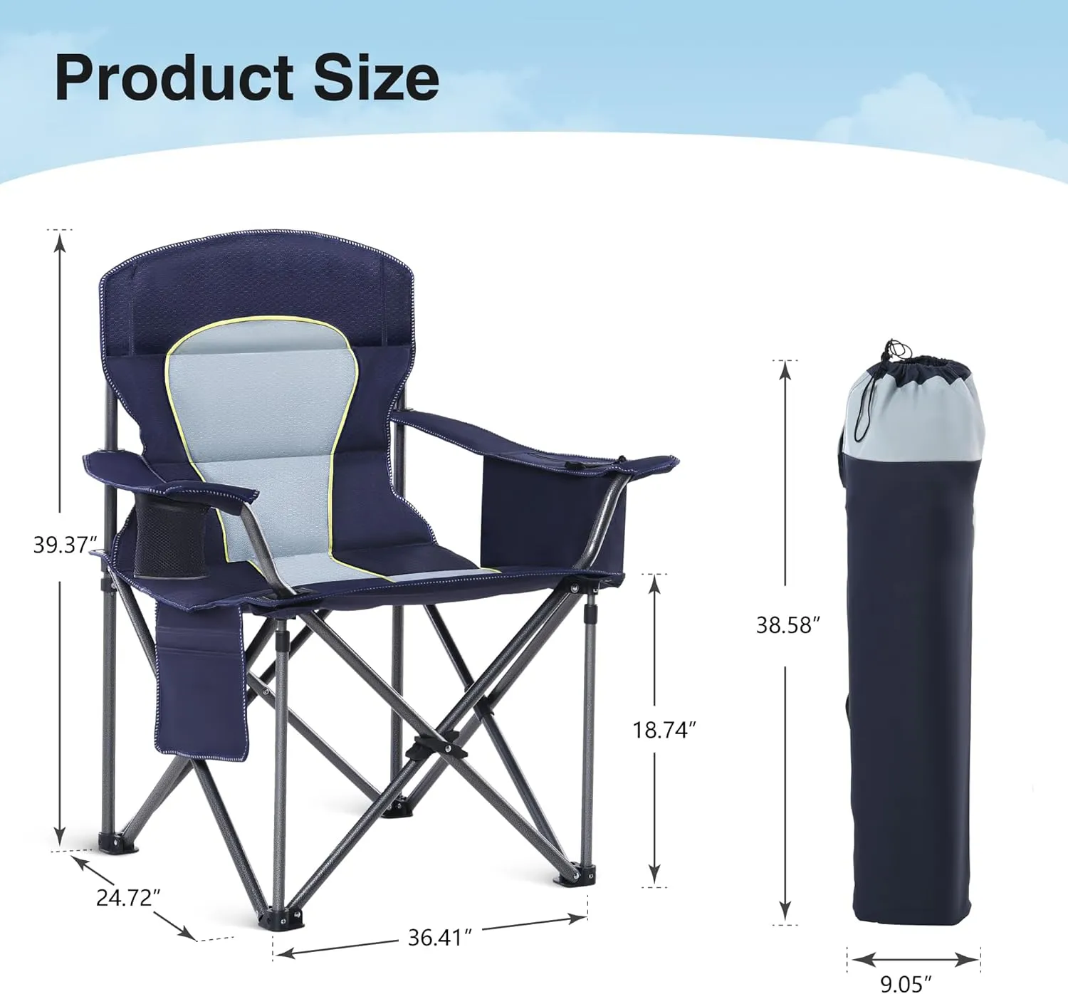 Oversized Camping Folding Chair, Heavy Duty Portable Outdoor Chair, Foldable Camp Chair with Cup Holder and Cooler Bag Support 450 LBS, Dark Blue…