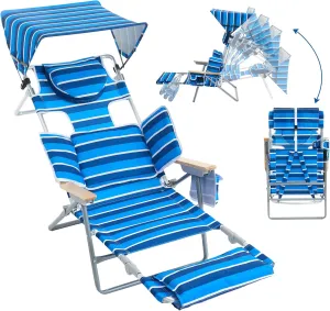 Oversized Heavy Duty Backpack Beach Chair with Sun Canopy, Reclining Lounge Chair Tanning Chair with Face Hole, 5-Position Foldable Camping Chair for Outdoor Sunbathing Beach Patio Pool (Blue/White)