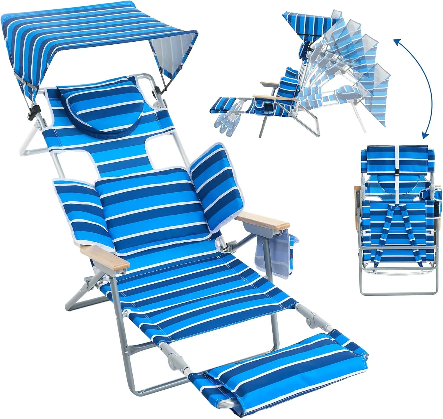 Oversized Heavy Duty Backpack Beach Chair with Sun Canopy, Reclining Lounge Chair Tanning Chair with Face Hole, 5-Position Foldable Camping Chair for Outdoor Sunbathing Beach Patio Pool (Blue/White)