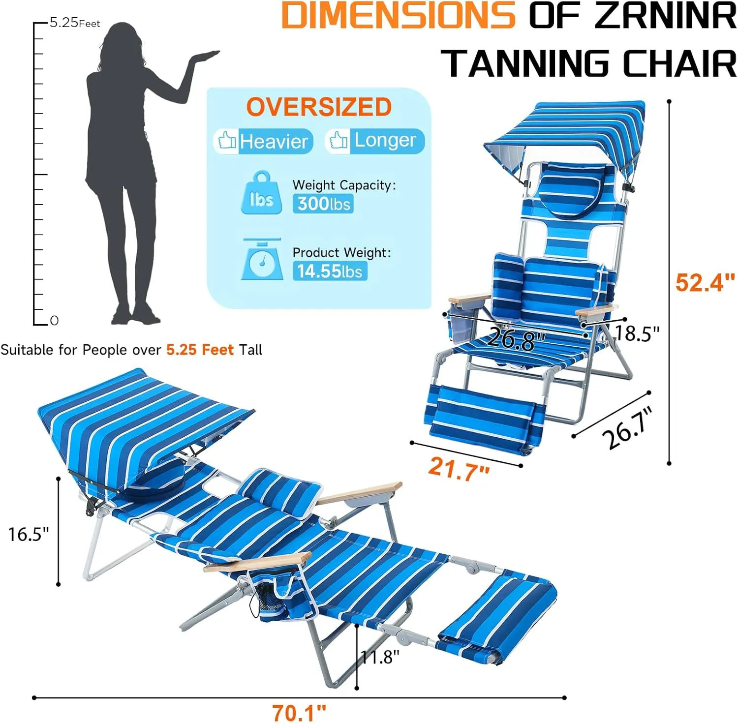 Oversized Heavy Duty Backpack Beach Chair with Sun Canopy, Reclining Lounge Chair Tanning Chair with Face Hole, 5-Position Foldable Camping Chair for Outdoor Sunbathing Beach Patio Pool (Blue/White)