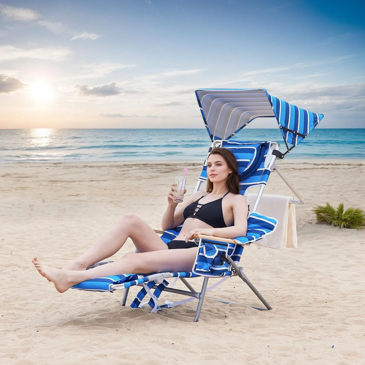 Oversized Heavy Duty Backpack Beach Chair with Sun Canopy, Reclining Lounge Chair Tanning Chair with Face Hole, 5-Position Foldable Camping Chair for Outdoor Sunbathing Beach Patio Pool (Blue/White)