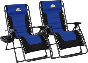 Oversized Padded Zero Gravity Lounge Chair Set of 2, Foldable Patio Anti Gravity Reclining Chairs Folding Lawn Recliner with Cup Holder for Yard, Camping, Outdoor, Support 350 LBS, Blue