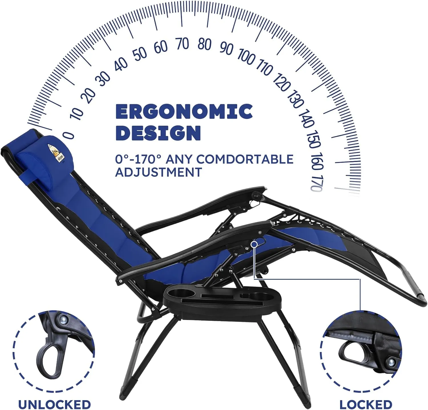 Oversized Padded Zero Gravity Lounge Chair Set of 2, Foldable Patio Anti Gravity Reclining Chairs Folding Lawn Recliner with Cup Holder for Yard, Camping, Outdoor, Support 350 LBS, Blue