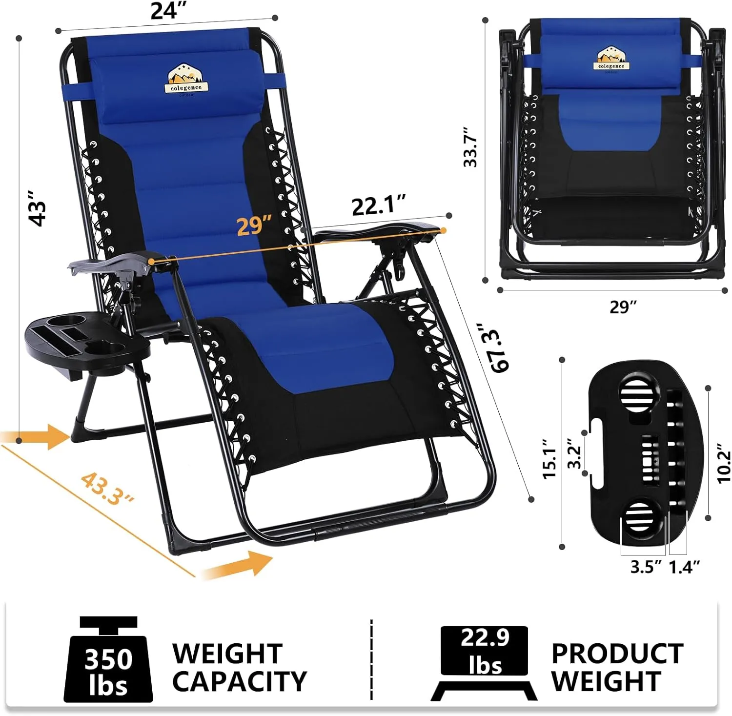 Oversized Padded Zero Gravity Lounge Chair Set of 2, Foldable Patio Anti Gravity Reclining Chairs Folding Lawn Recliner with Cup Holder for Yard, Camping, Outdoor, Support 350 LBS, Blue