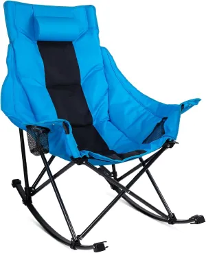 Oversized Rocking Camping Chair, Folding Outdoor Rocking Chair with Side Cup Holders, Full Padded High Back Portable Lawn Recliner with Headrest and Carry Bag, 300 lbs Capacity, Blue