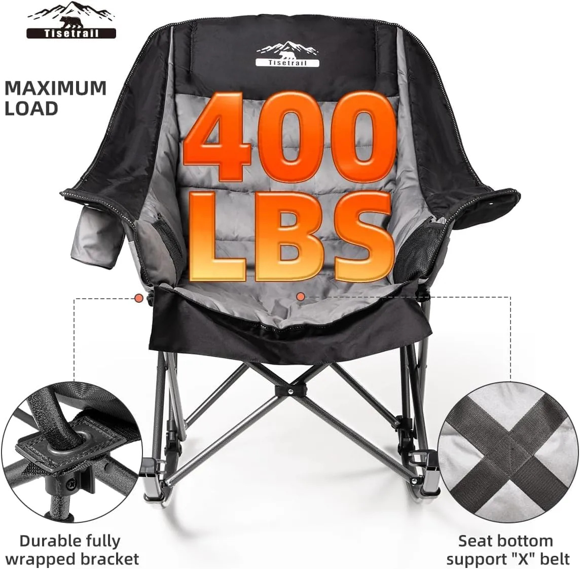 Oversized Rocking Camping Chair, Fully Padded Camp Chairs for Adults with Side Pocket and Cup Holder, Heavy-Duty 400lbs Capacity, Black & Gray
