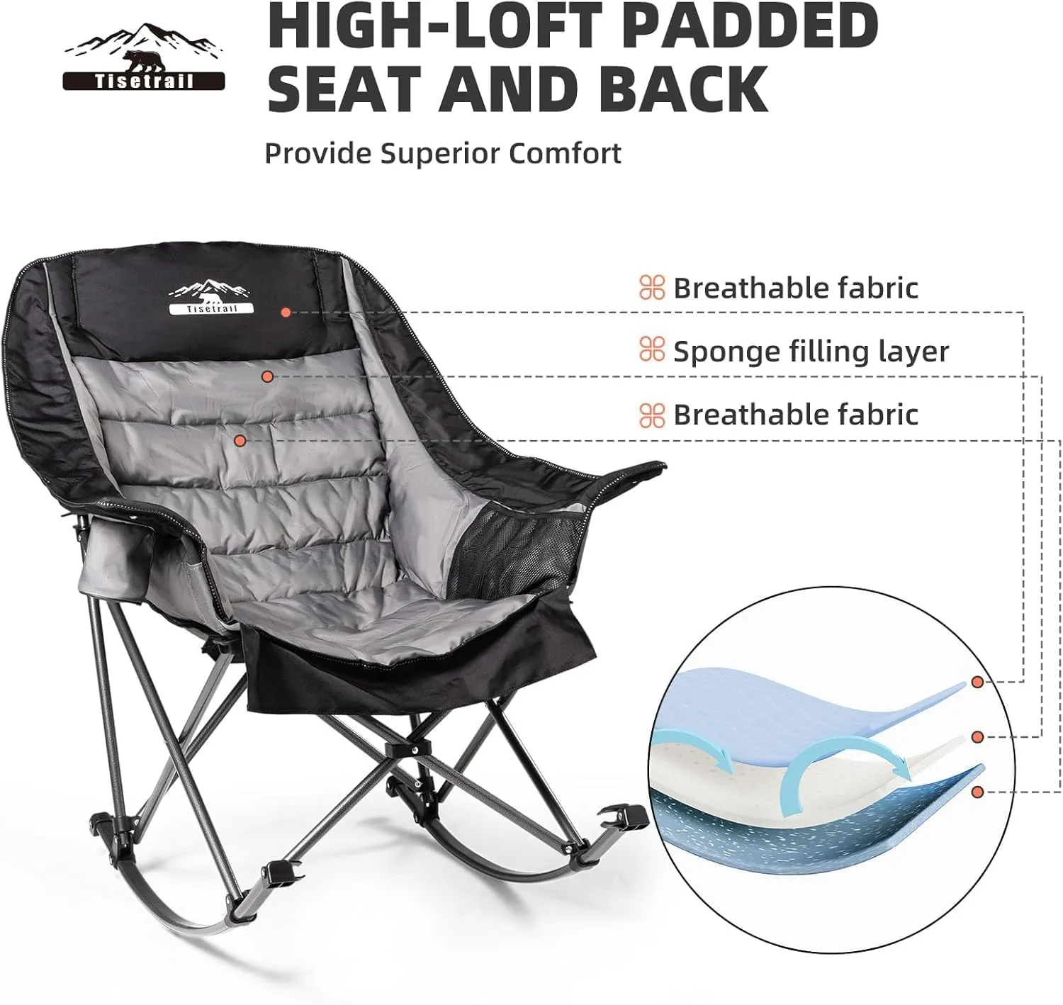 Oversized Rocking Camping Chair, Fully Padded Camp Chairs for Adults with Side Pocket and Cup Holder, Heavy-Duty 400lbs Capacity, Black & Gray