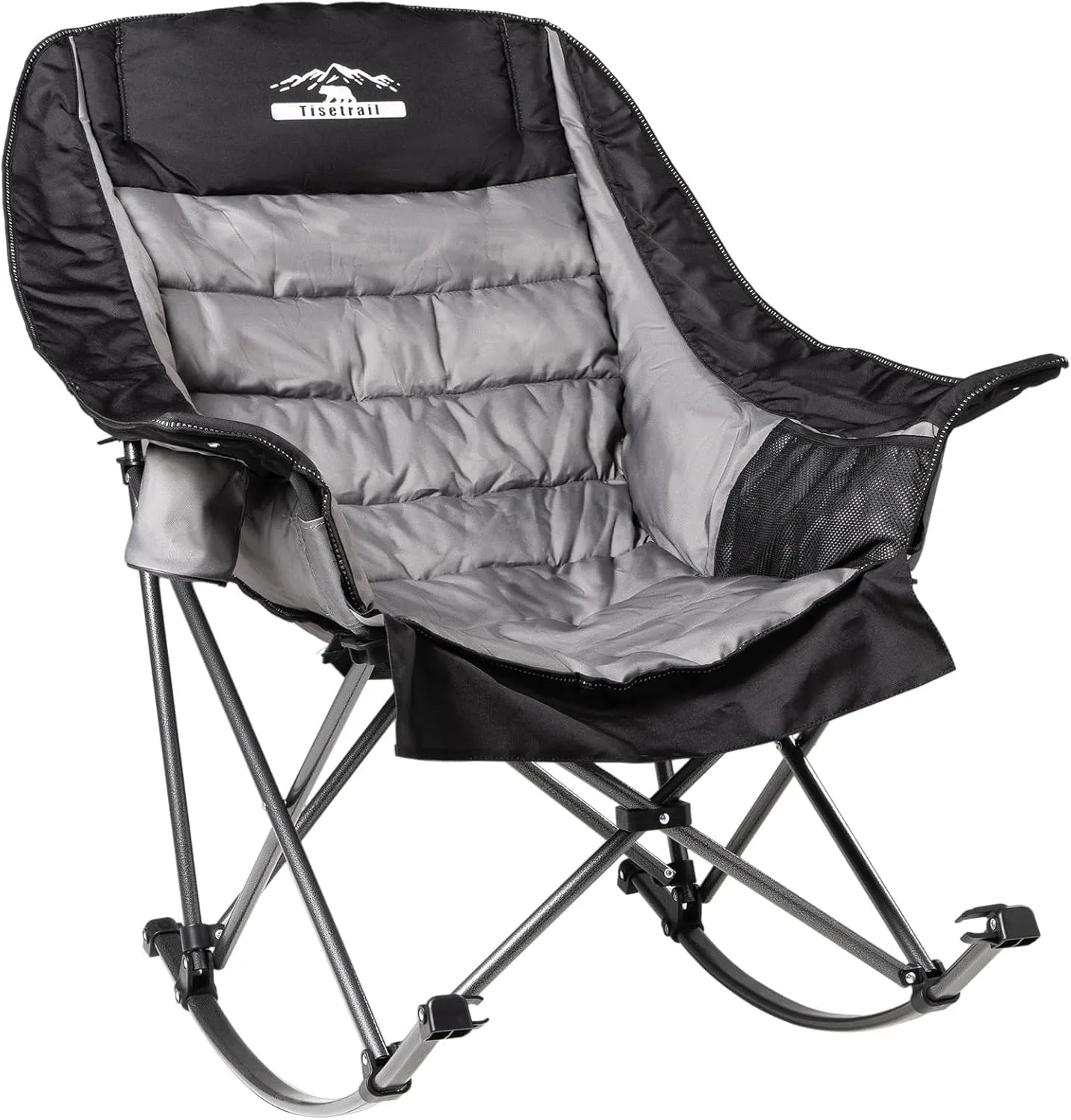 Oversized Rocking Camping Chair, Fully Padded Camp Chairs for Adults with Side Pocket and Cup Holder, Heavy-Duty 400lbs Capacity, Black & Gray