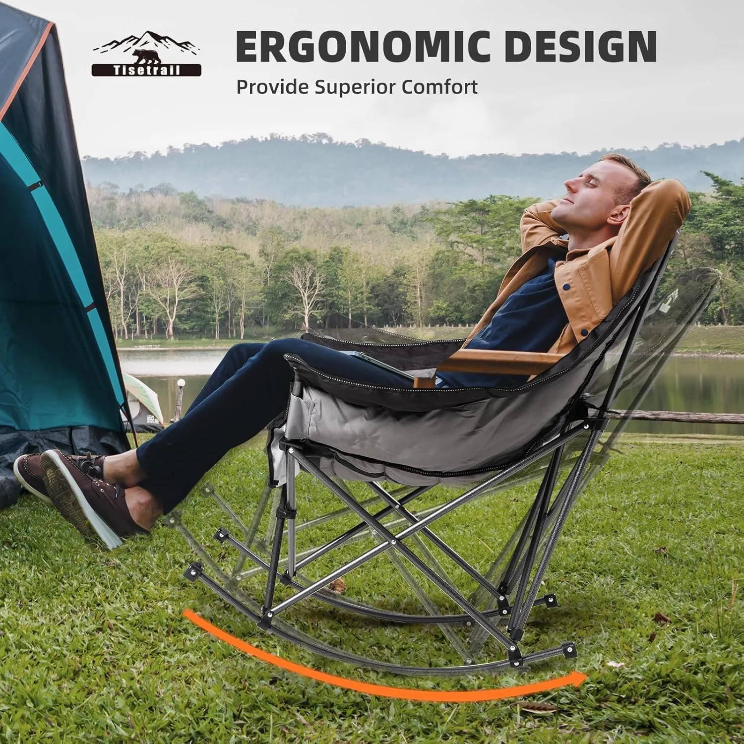Oversized Rocking Camping Chair, Fully Padded Camp Chairs for Adults with Side Pocket and Cup Holder, Heavy-Duty 400lbs Capacity, Black & Gray