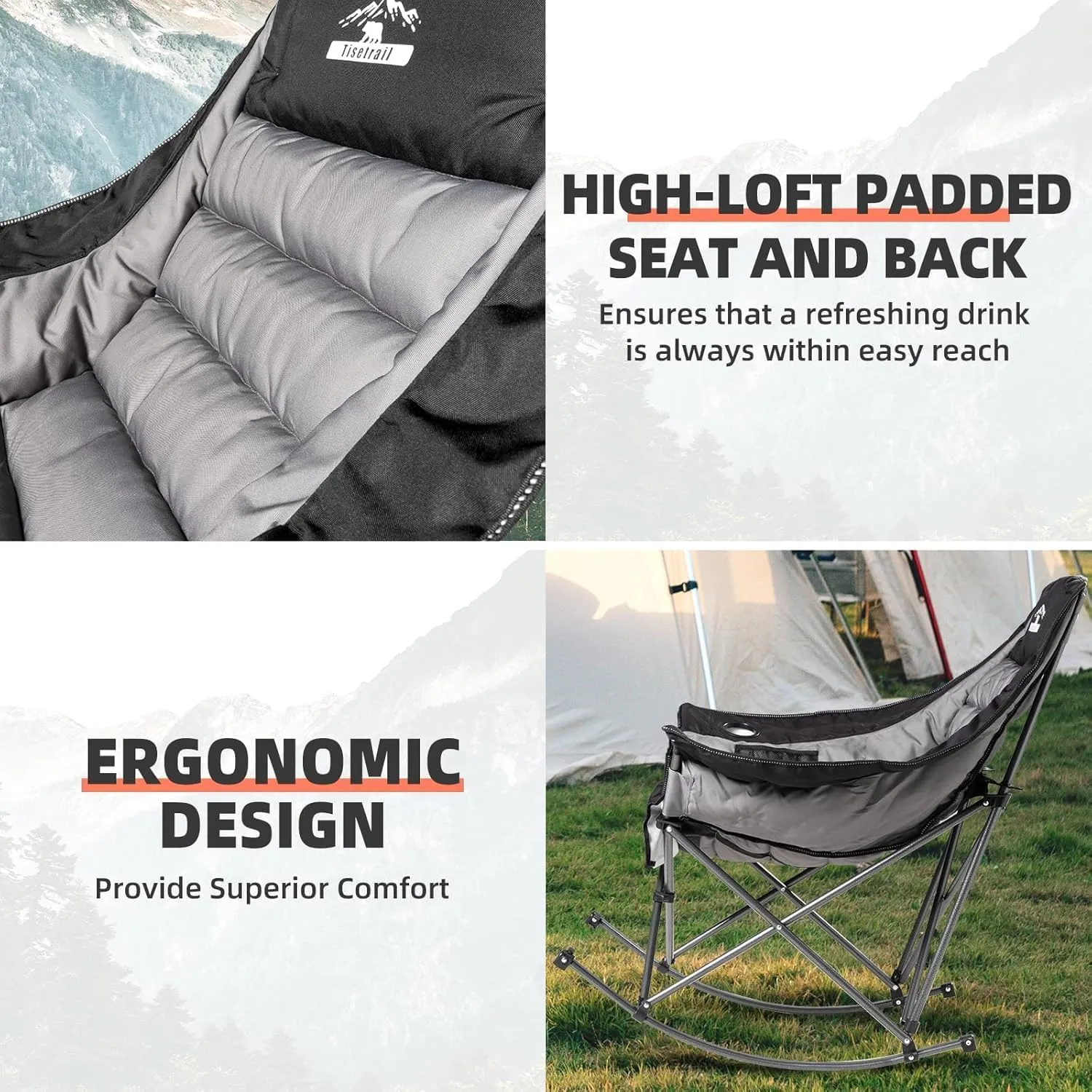 Oversized Rocking Camping Chair, Fully Padded Camp Chairs for Adults with Side Pocket and Cup Holder, Heavy-Duty 400lbs Capacity, Black & Gray