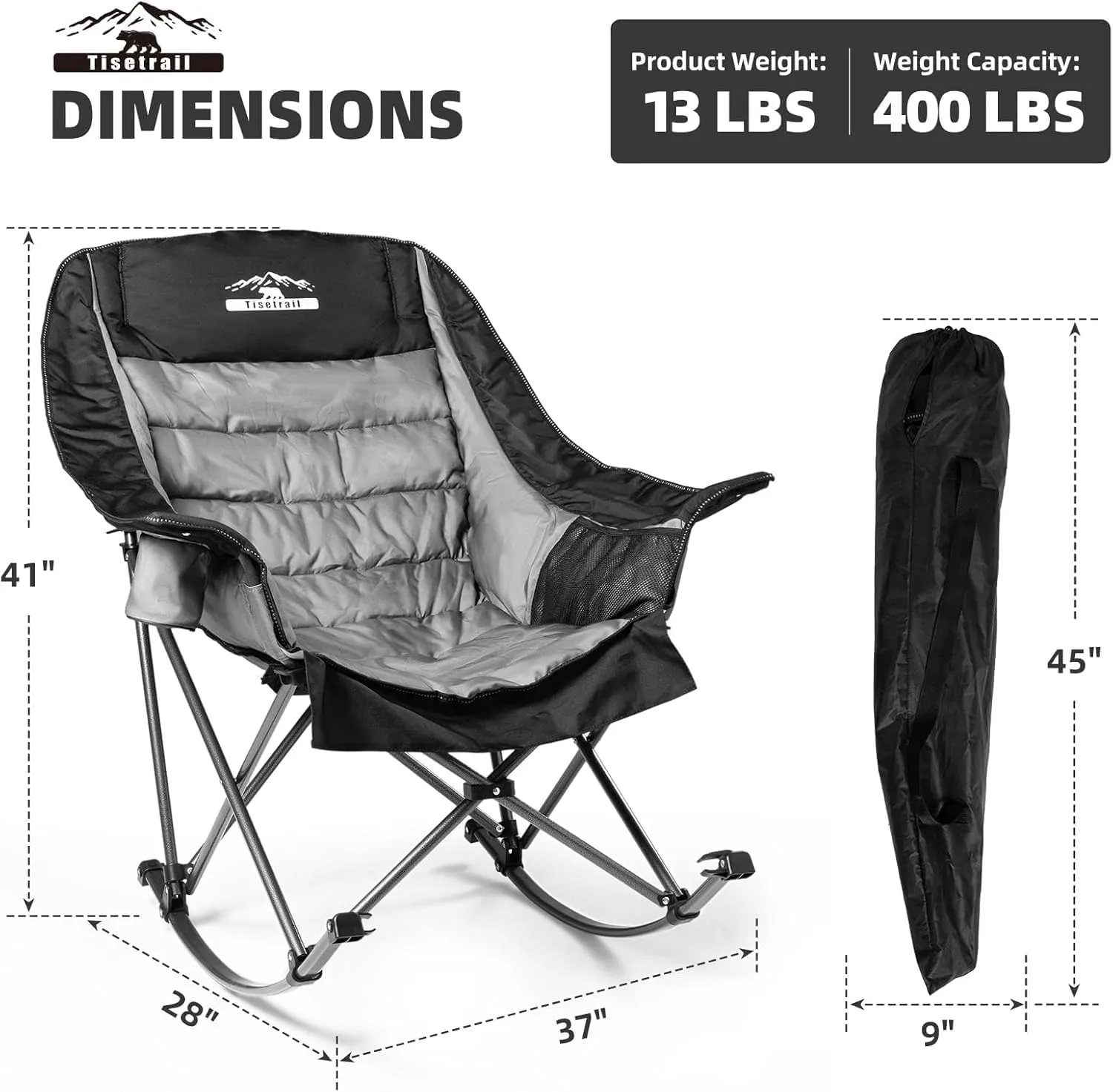 Oversized Rocking Camping Chair, Fully Padded Camp Chairs for Adults with Side Pocket and Cup Holder, Heavy-Duty 400lbs Capacity, Black & Gray