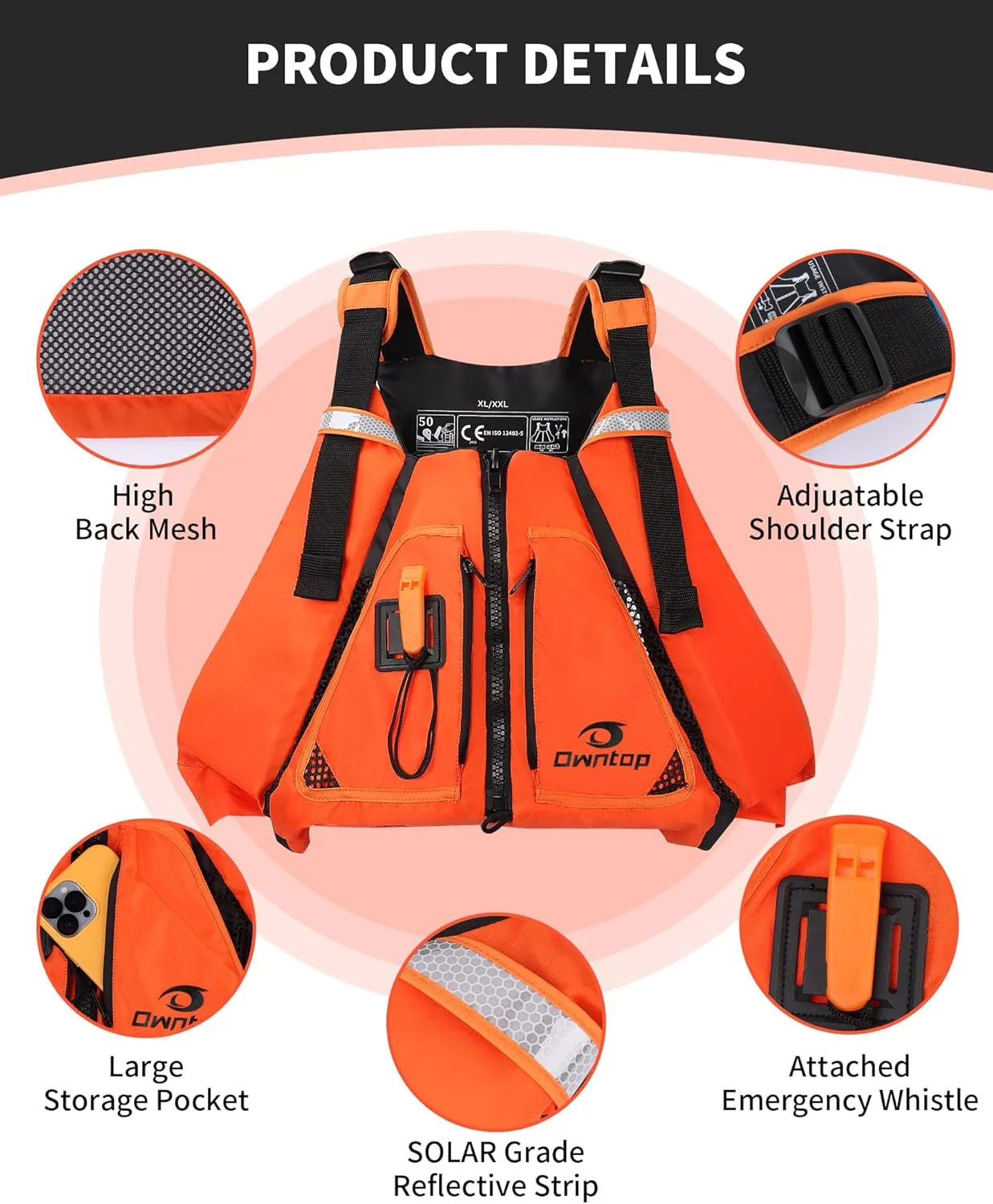 Owntop Adult Swim Vest - Adjustable Safety Strap & Premium Buoyancy for Paddle Sports, Kayaking, Canoeing, Boating