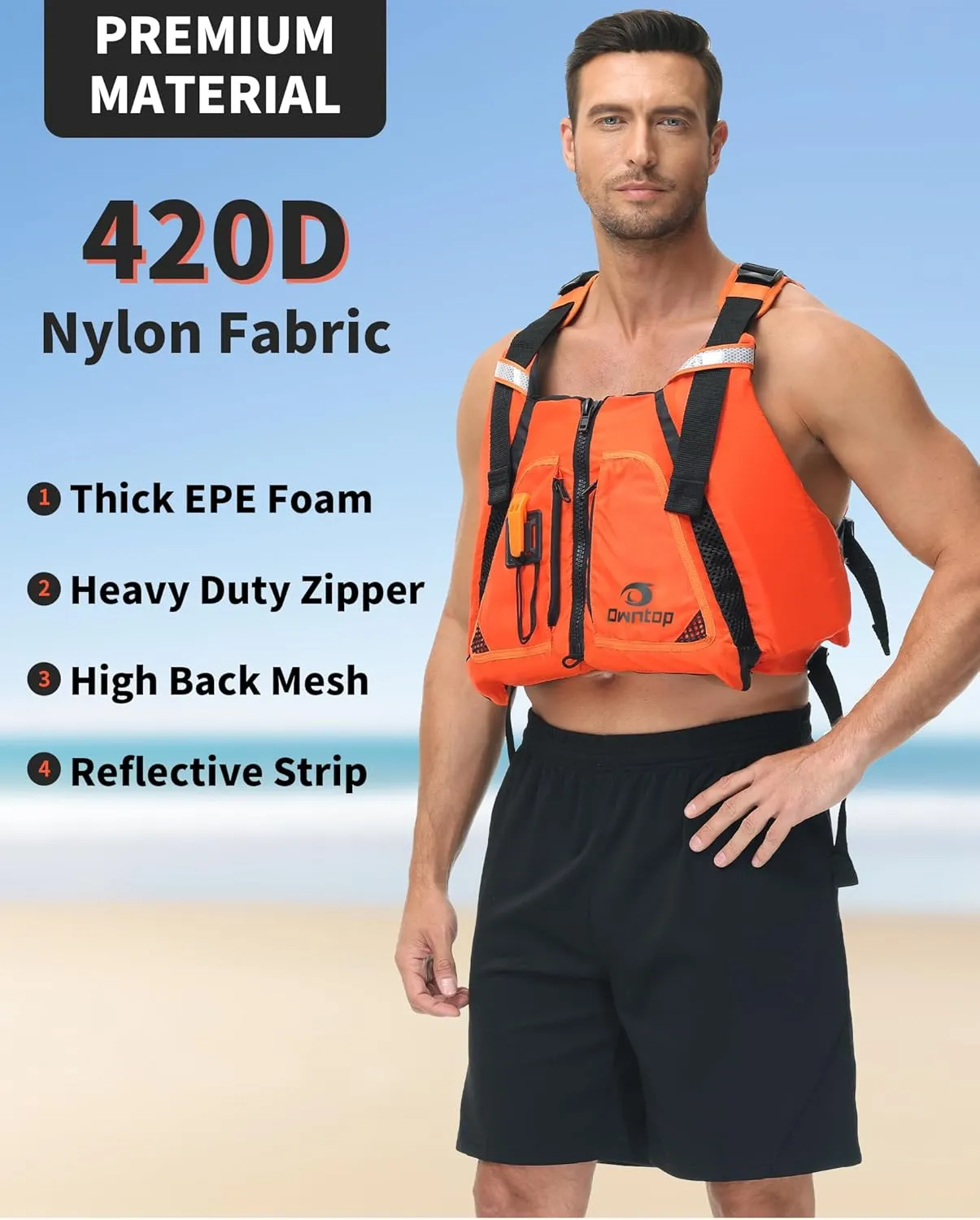 Owntop Adult Swim Vest - Adjustable Safety Strap & Premium Buoyancy for Paddle Sports, Kayaking, Canoeing, Boating