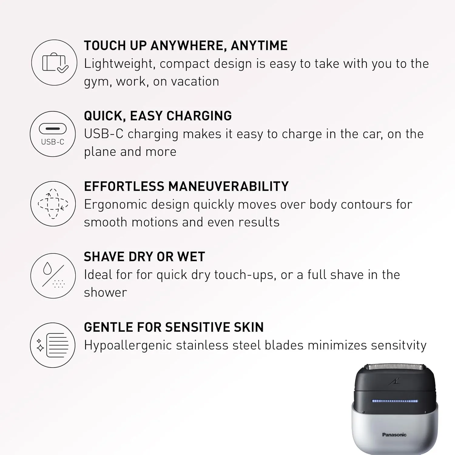 Panasonic Swipe Right Travel Shaver for Women, Portable Electric Razor with USB-C Charging, 3-Blade Cutting System for Dry or Wet Use - ES-CM3A-W