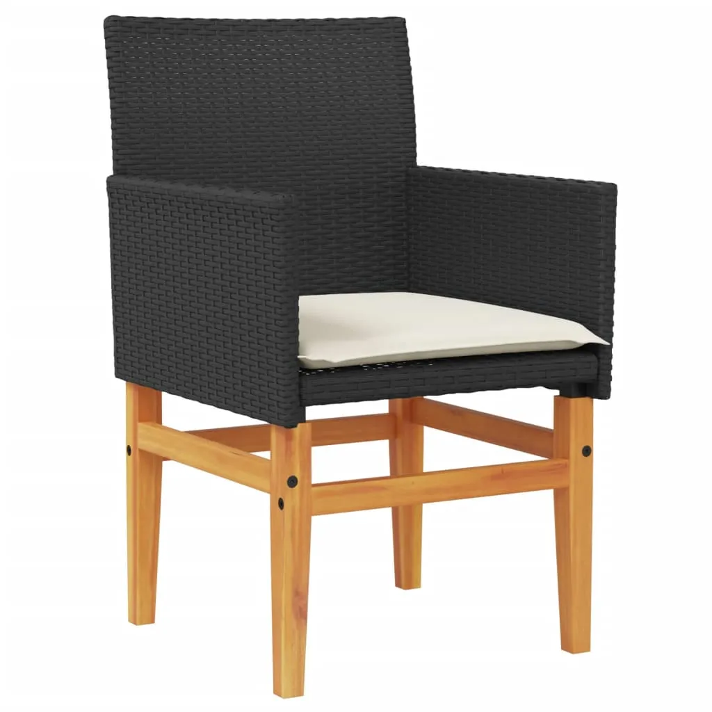 Patio Chairs with Cushions 2 pcs Black Poly Rattan&Solid Wood