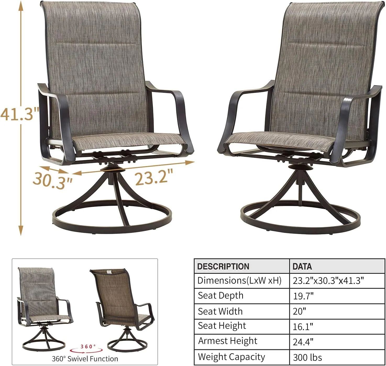 Patio Dining Chairs Textilene High Back Outdoor Swivel Rockers Set with All Weather Frame (Gray,Set of 2)