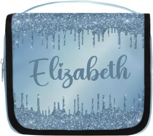 Personalized Gift Travel Makeup Bag Hanging Cosmetic Bag Make Up Bag Organizer Toiletry Bag for Women Girls Christmas Birthday Gift Blue Dripping Glitter