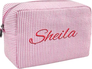 Personalized Seersucker Makeup Bag for Women Custom Monogrammed Cosmetic Bag with Names Large Capacity Women Travel Toiletry Case for Travel Wedding Bridesmaid Graduation Gifts