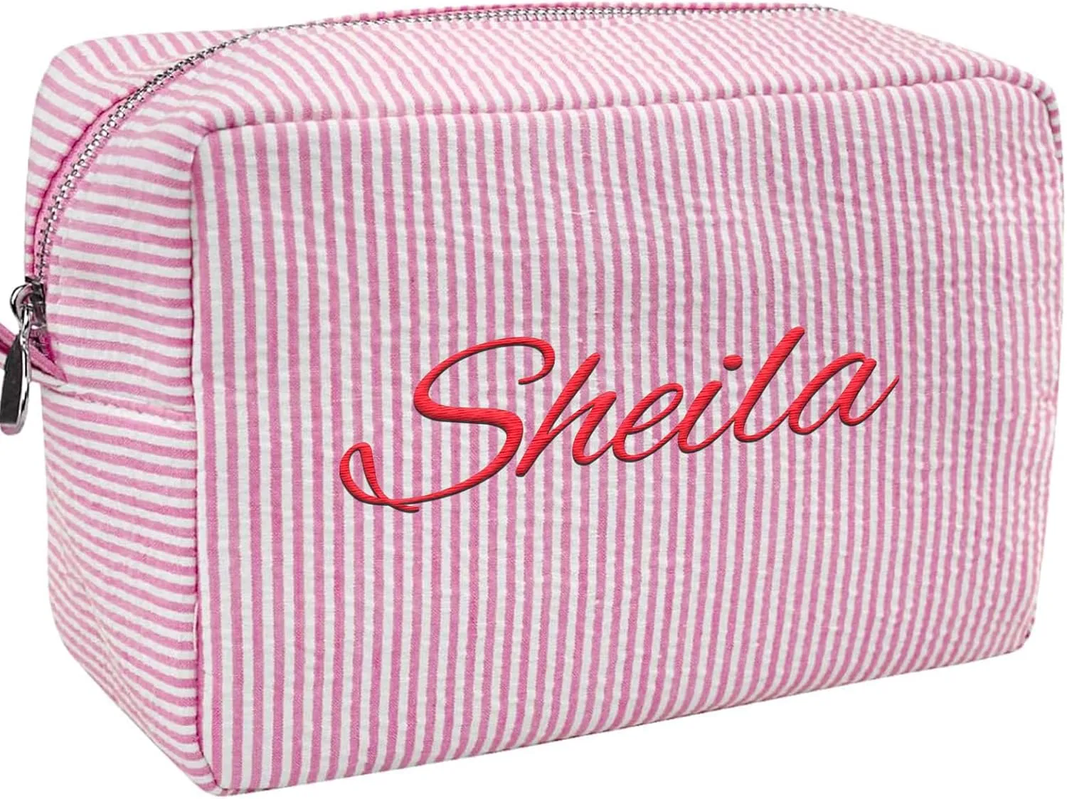 Personalized Seersucker Makeup Bag for Women Custom Monogrammed Cosmetic Bag with Names Large Capacity Women Travel Toiletry Case for Travel Wedding Bridesmaid Graduation Gifts