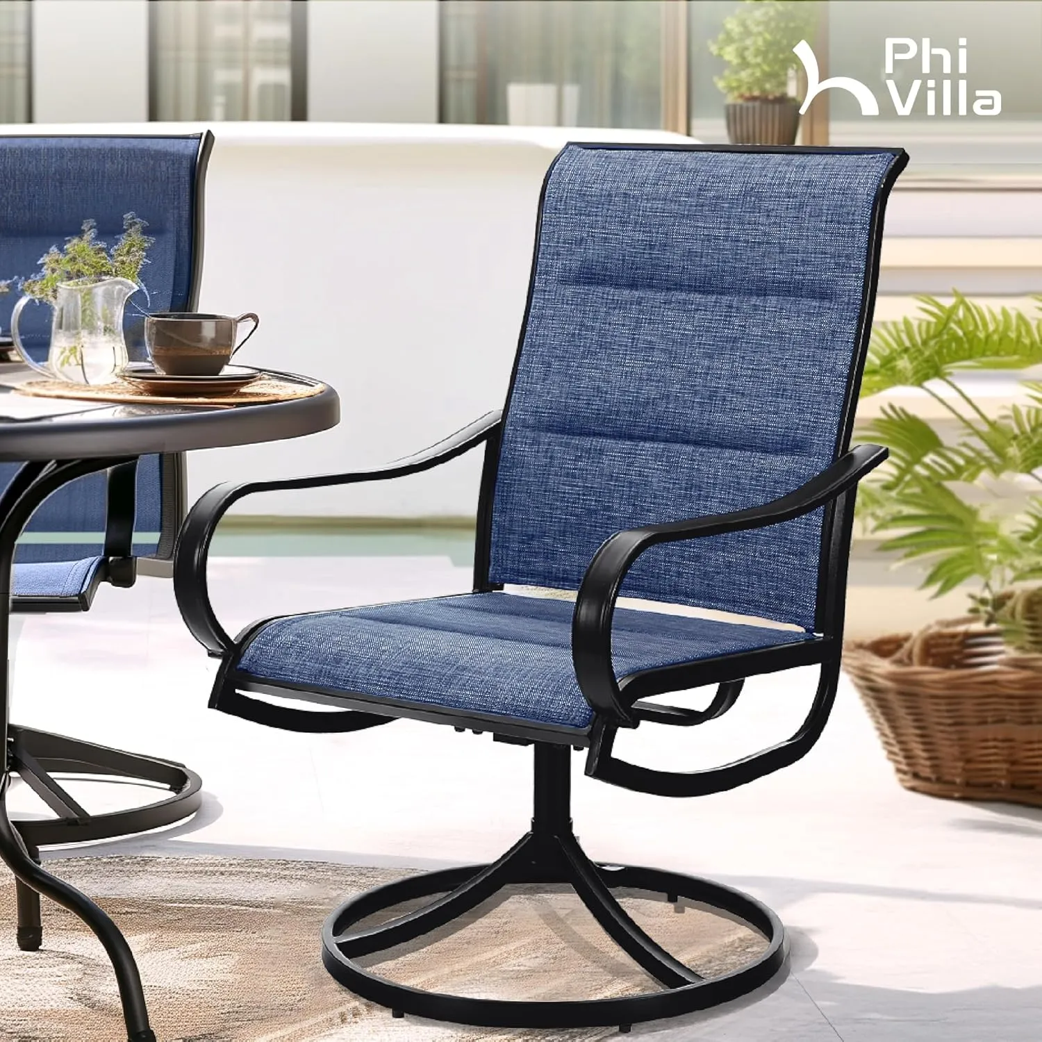 PHI VILLA Patio Swivel Dining Chairs Set of 6, All Weather Outdoor Chair with Padded Textilene & Black Metal Frame for Outdoor Lawn Garden Poolside (Blue)