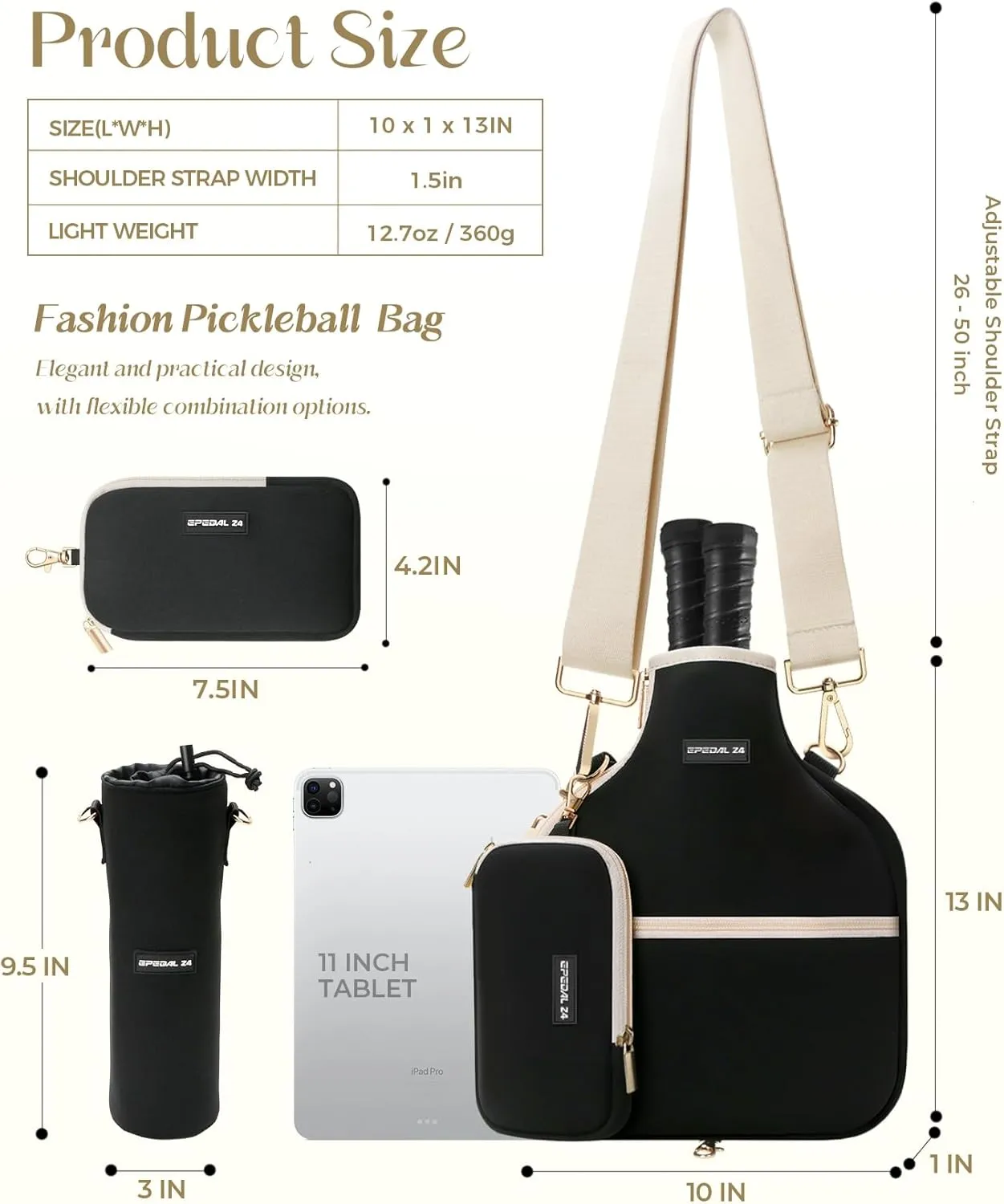 Pickleball Bag, 3-in-1 Mens and Womens Single Pickleball Sling Bag, Adjustable and Removable Sling Bag Water Bottle Bag and Mobile Phone Bag with Fence Hook Zippered Pockets (Bag Only)