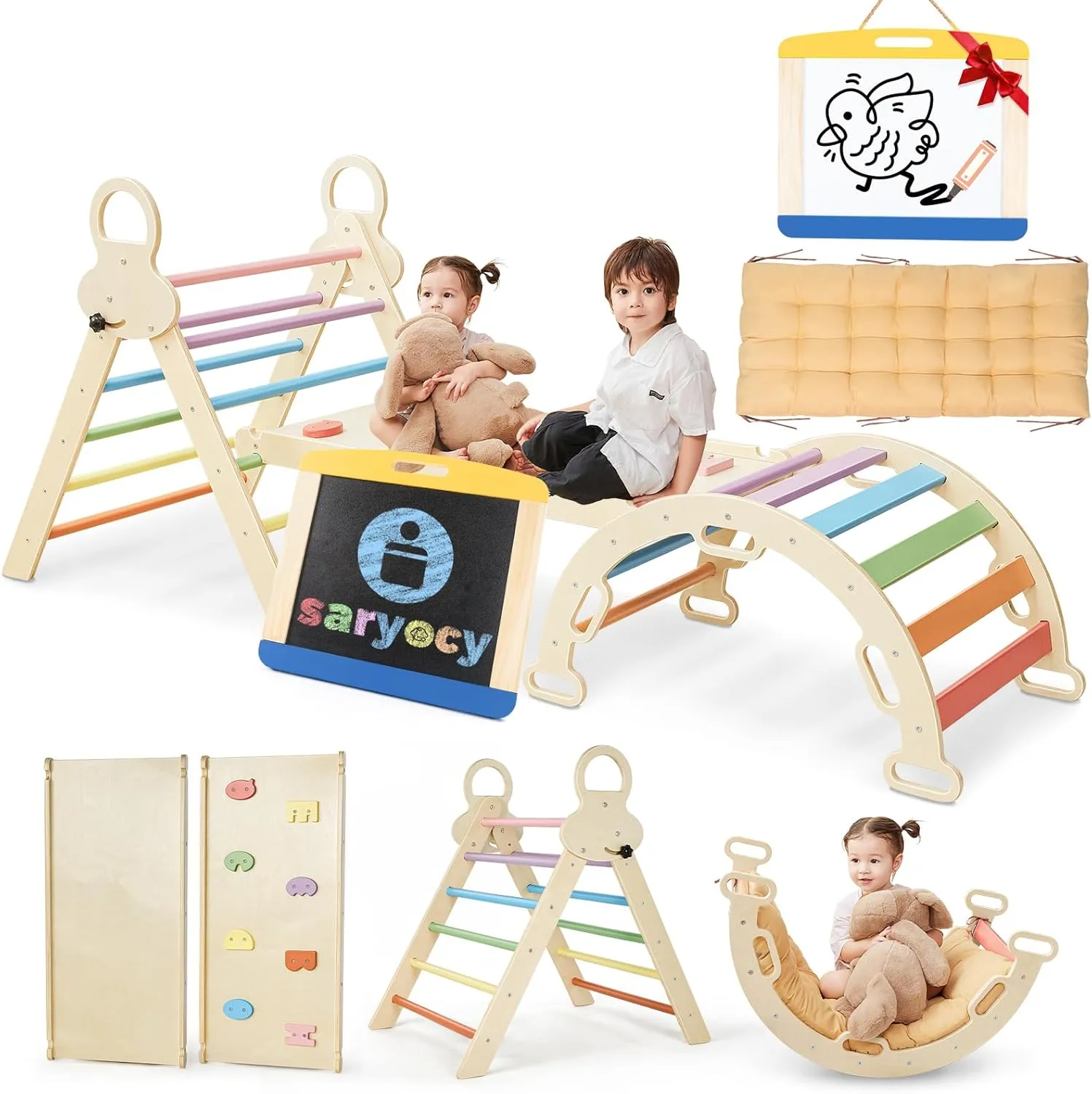 Pikler Triangle Set for Kids, 8 in 1 Colorful Montessori Large Climbing Toys for Toddlers 1-6 Inside with Arch, Ramp and Foldable Triangle, Cushion Pad and Chalkboard