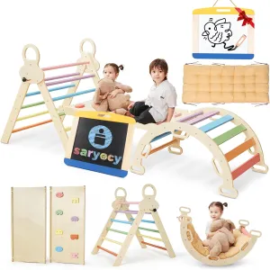 Pikler Triangle Set for Kids, 8 in 1 Colorful Montessori Large Climbing Toys for Toddlers 1-6 Inside with Arch, Ramp and Foldable Triangle, Cushion Pad and Chalkboard