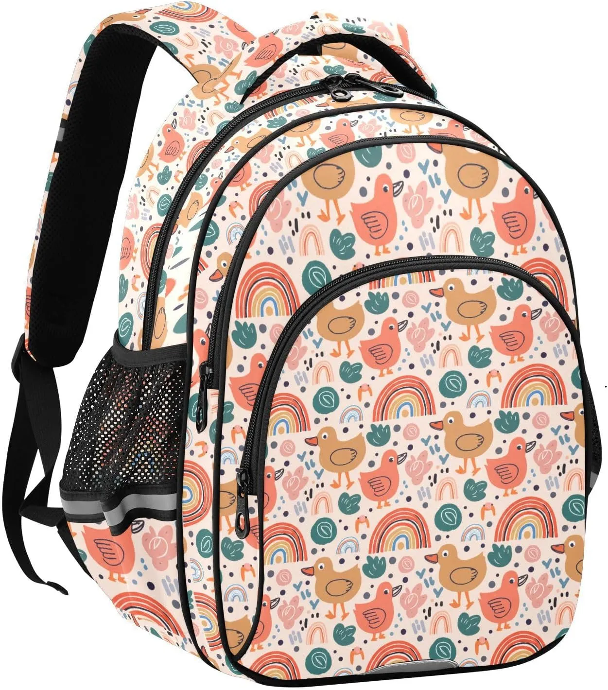 Playful Ducks Rainbows Kids Backpack with Reflective Strips Adjustable 16L Lightweight School Bag for Boys Girls