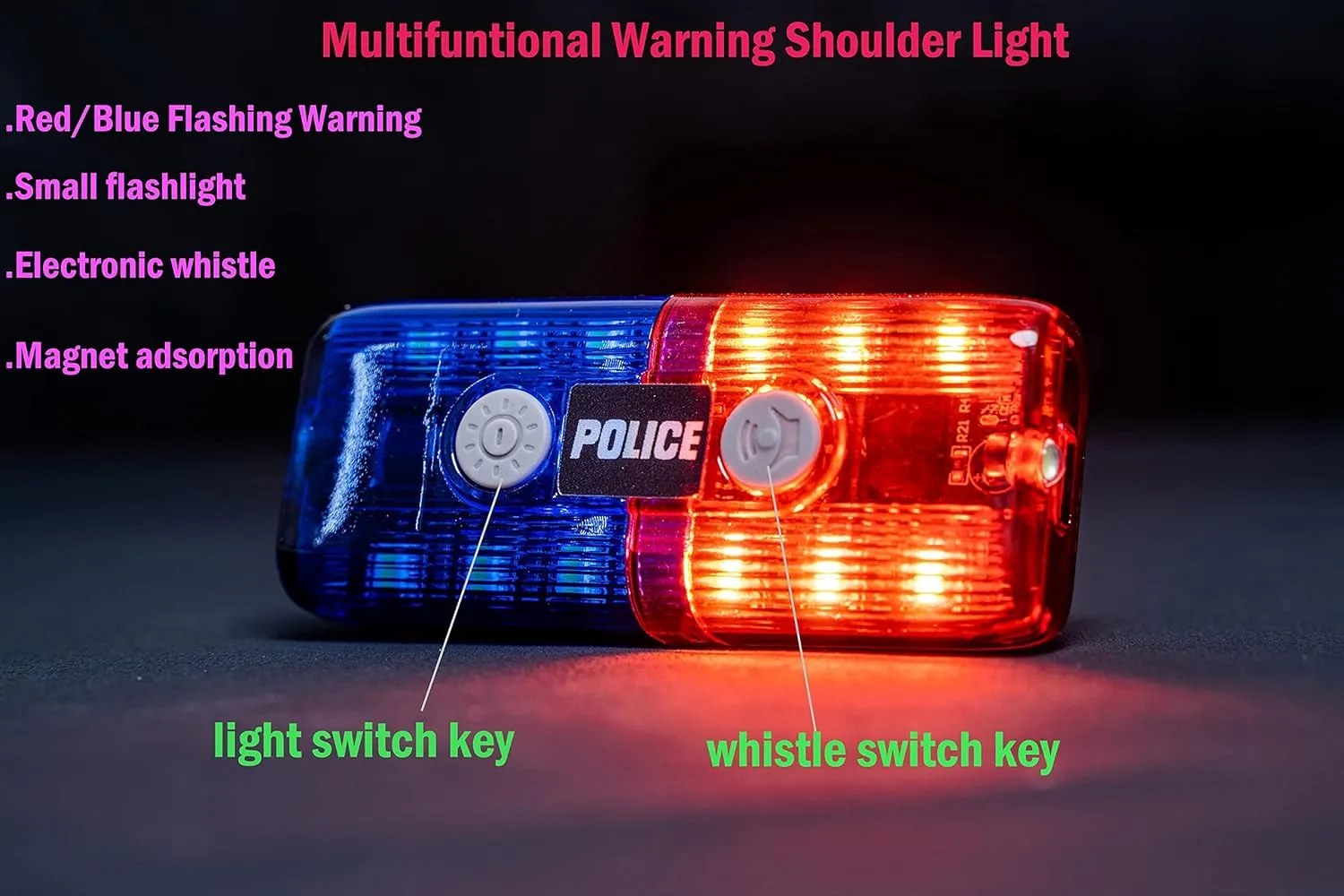Police Personal Safety Warning Signal Clip Shoulder Light with Electronic Whistle Flashlight magnet For Outdoor Rescue,Traffic Guidance,Police patrols,Cycling,Night run,Costume Role Playing (Red/Blue)